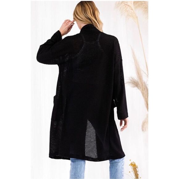 CY Fashion Long Black Open Semi Sheer waffle Knit Cardigan Size Small-NWT - Picture 2 of 16